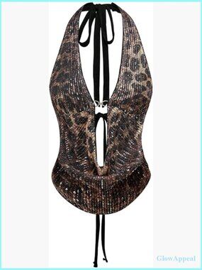 Sequin Cheetah Print Halter Corset Top Y2K Tie Back Crop